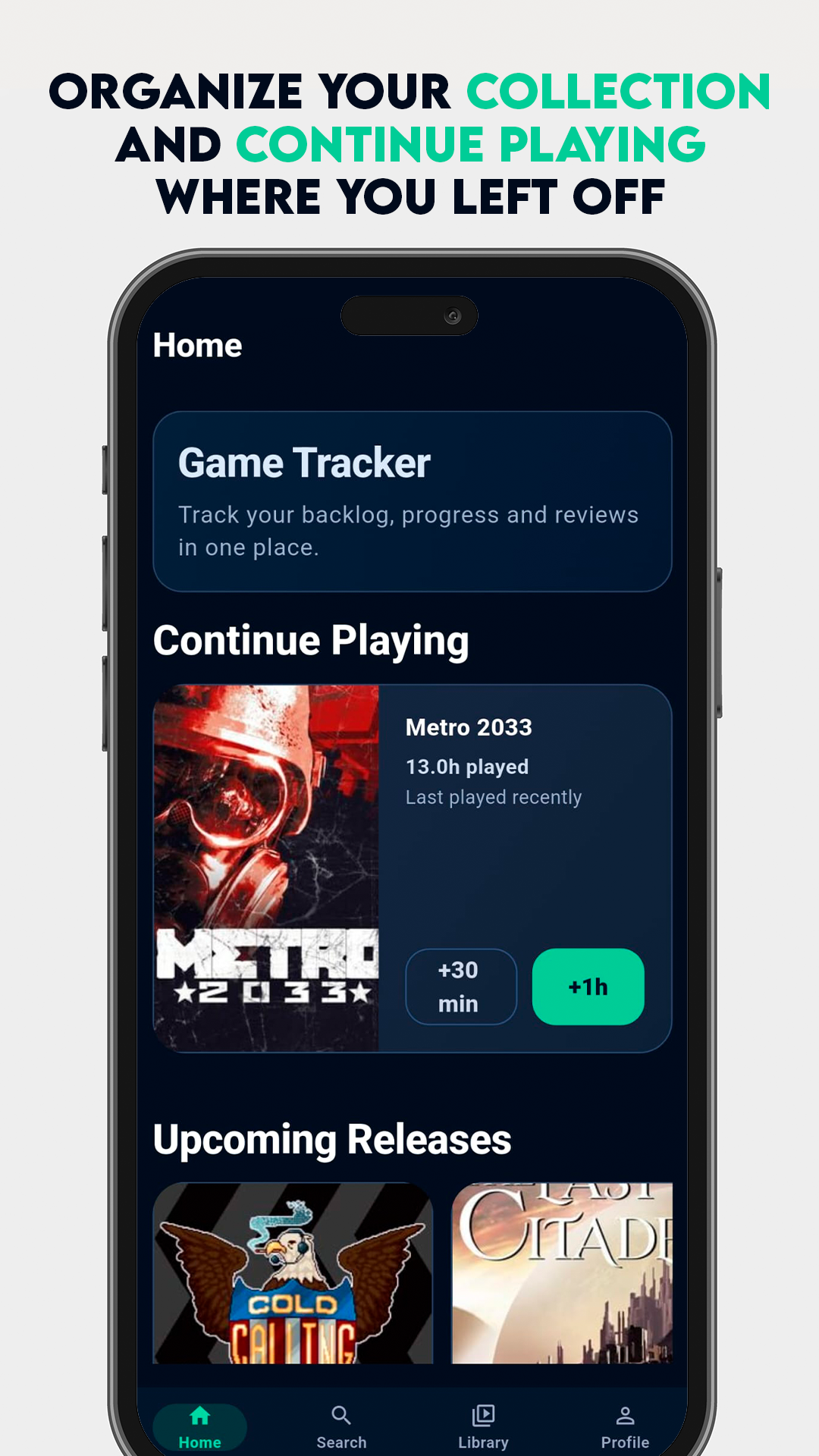 Gamex home screen showing recent activity and quick access to the library